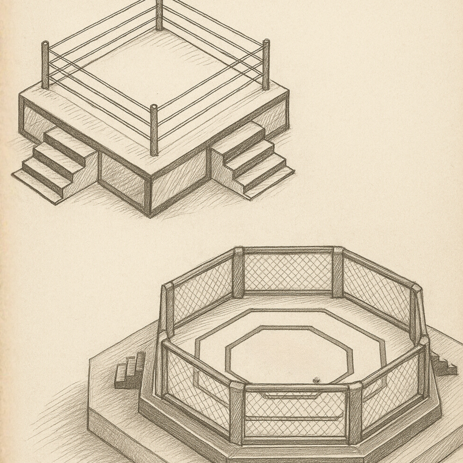 Pencil drawn sketch of a ring and a MMA cage.