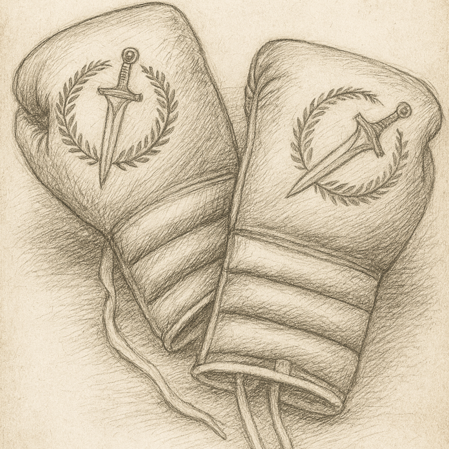 Pencil drawn image of Gladius lace up boxing gloves.