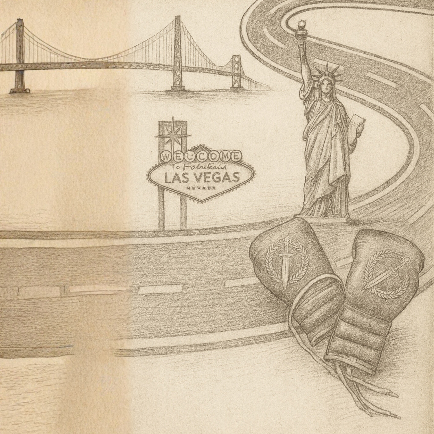 Pencil drawn sketch of a road with major US landmarks and boxing gloves on top of it.