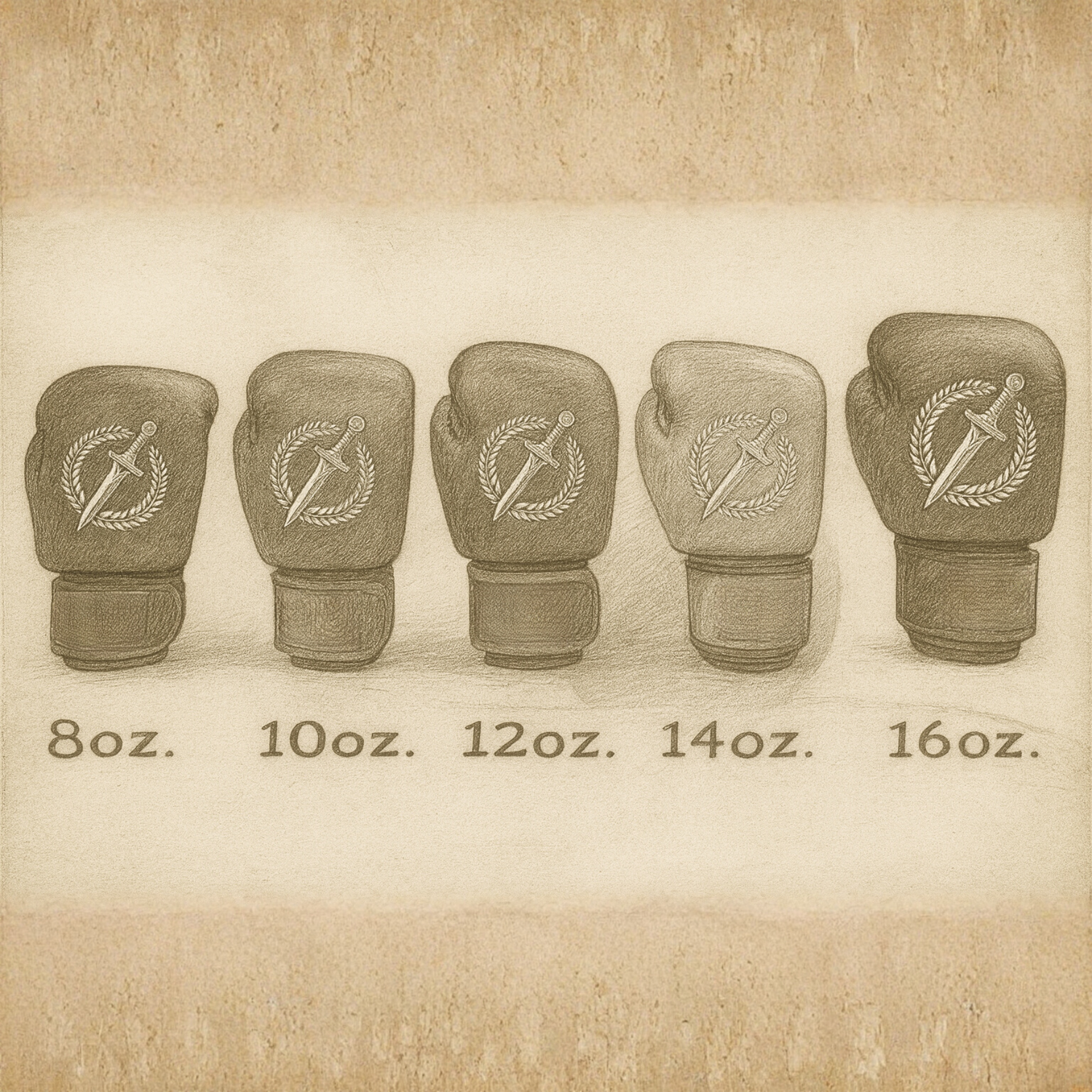 Boxing gloves infographic with difference sizes from 8oz to 16oz.