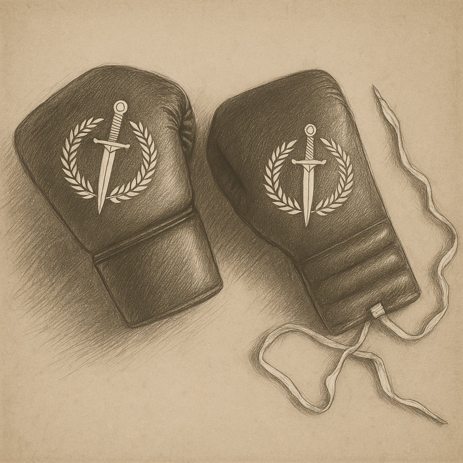 Pencil drawn sketch of Gladius lace up and velcro boxing gloves.