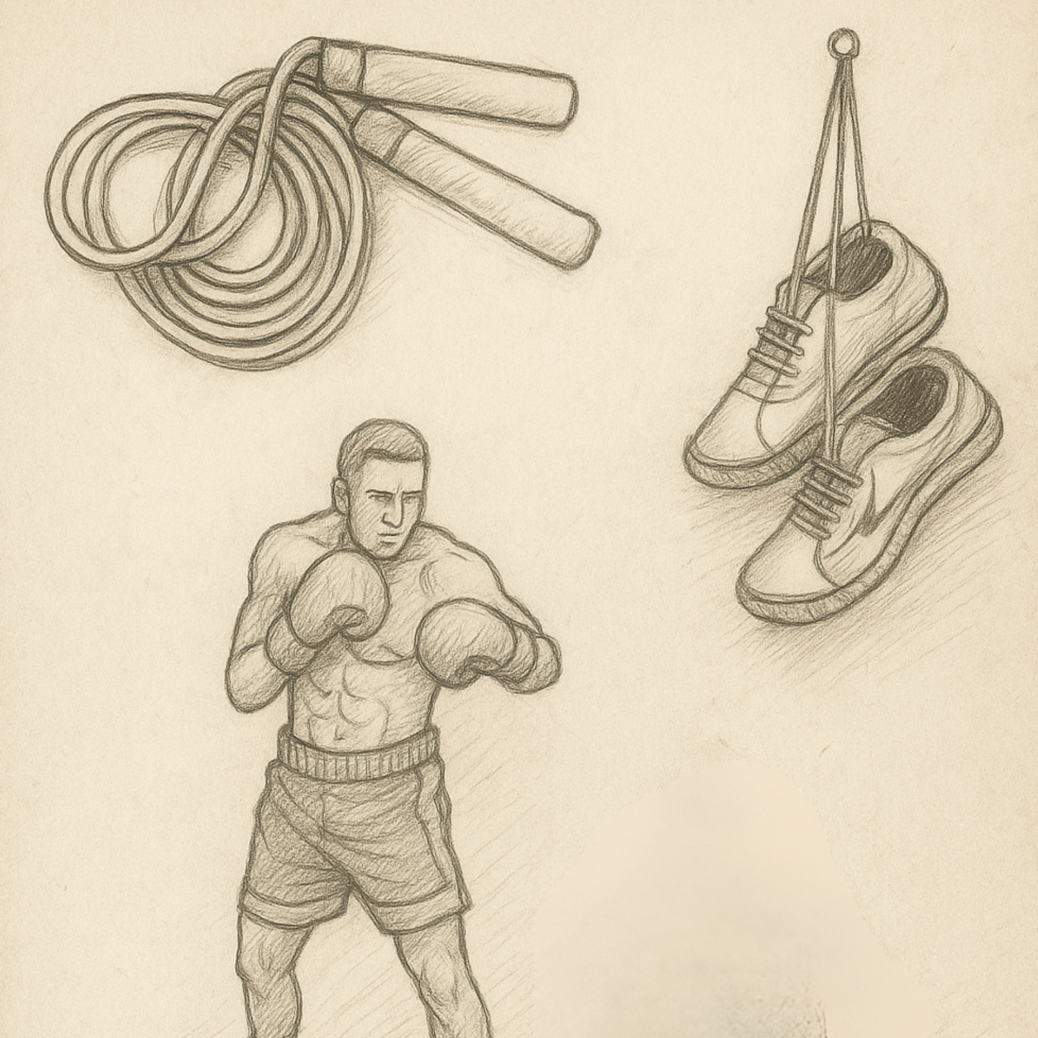 Pencil drawn sketch of a jump rope, running shoes and a fighter shadowboxing.