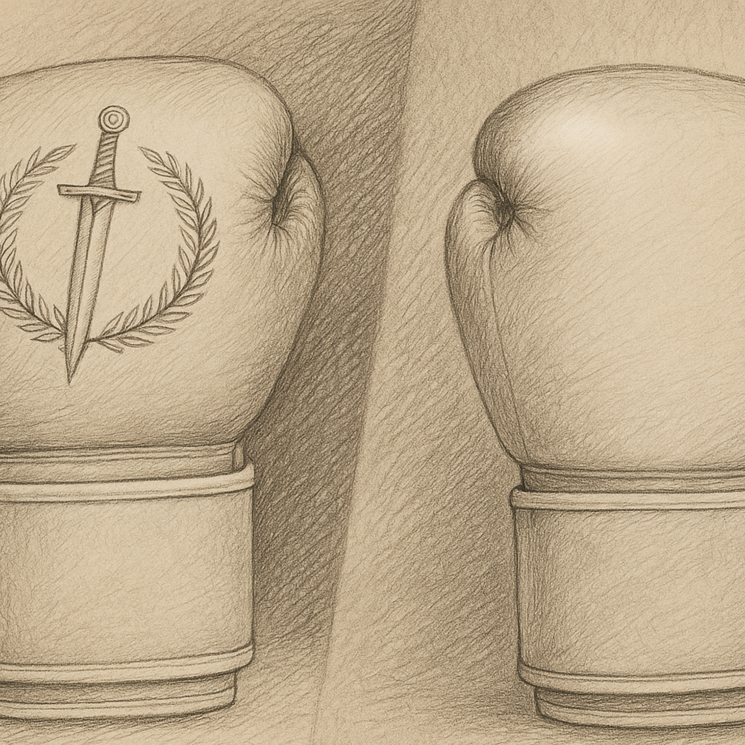 Pencil drawn sketch of a side by side with a leather and synthetic leather boxing gloves.