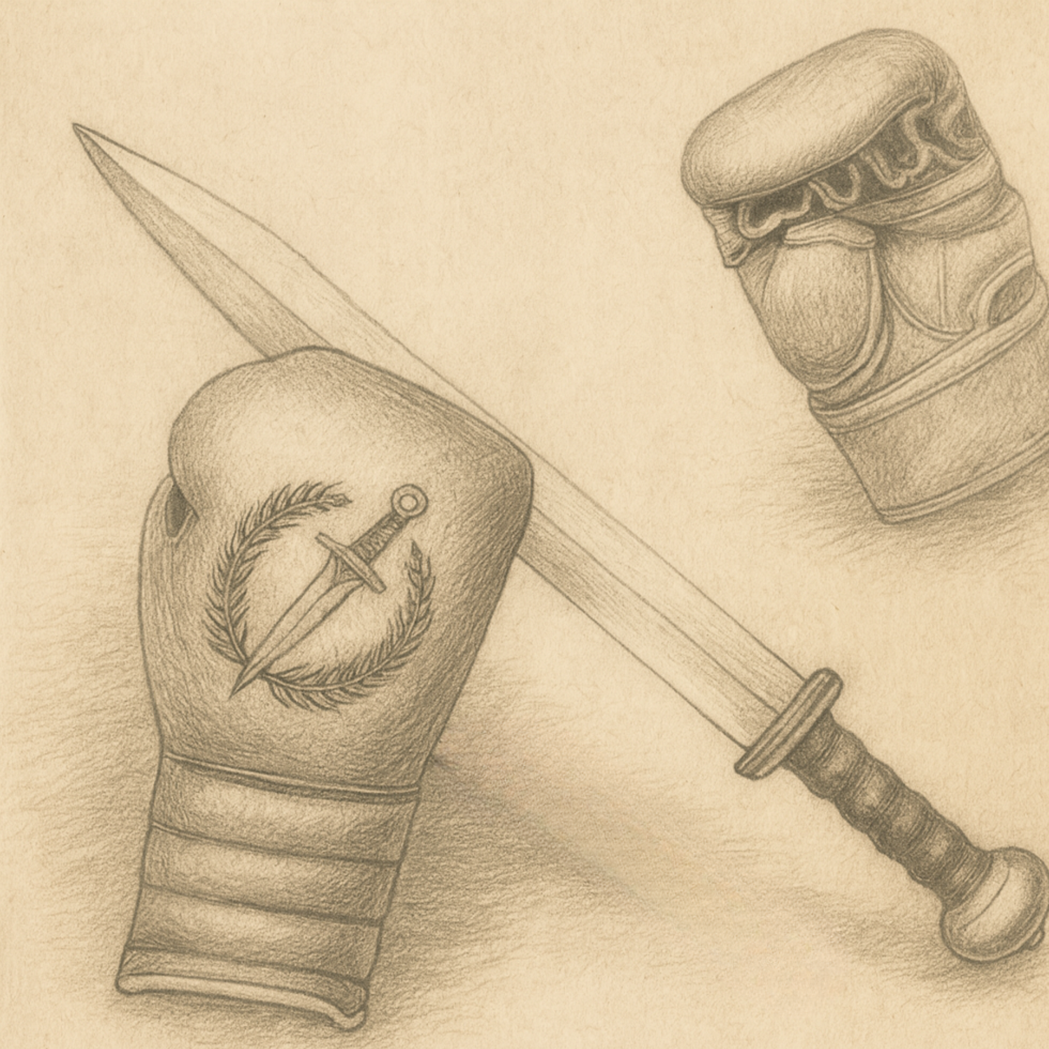 Pencil drawn sketch of a boxing glove, MMA glove and a Gladius sword.