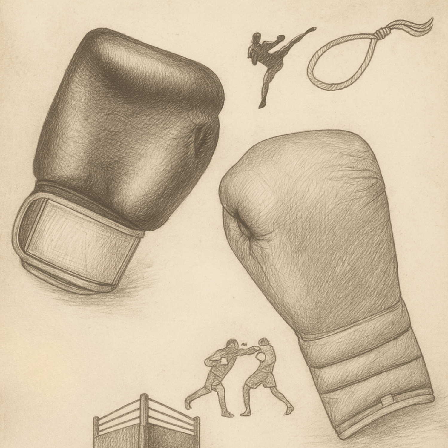 Pencil drawn sketch of a boxing glove and a muay thai glove.