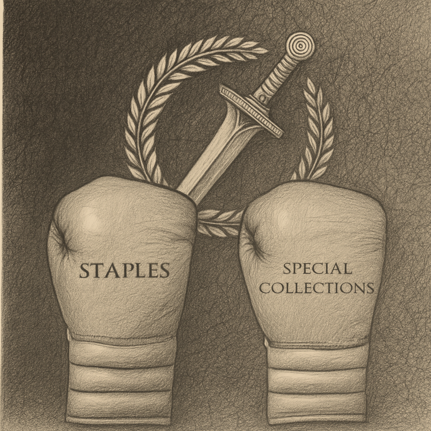 Pencil drawn sketch of two boxing gloves with Gladius logo in the background. One of them has Staples written on it, the other has special collections written on it.