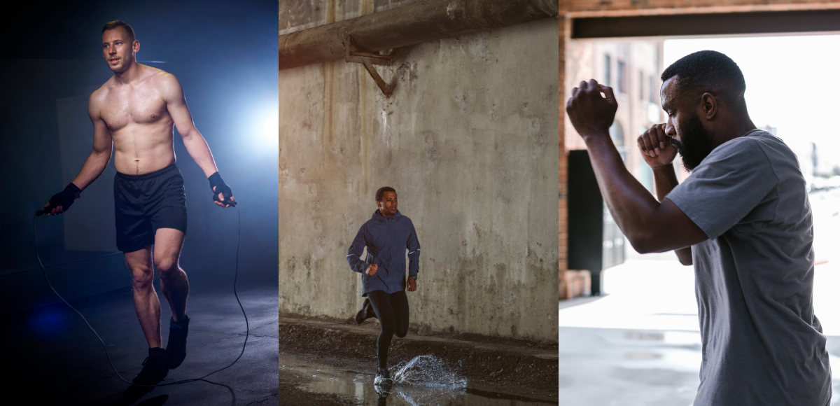 A photo collage of a white man jumping rope, a brown man running and a afro-american man shadowboxing.