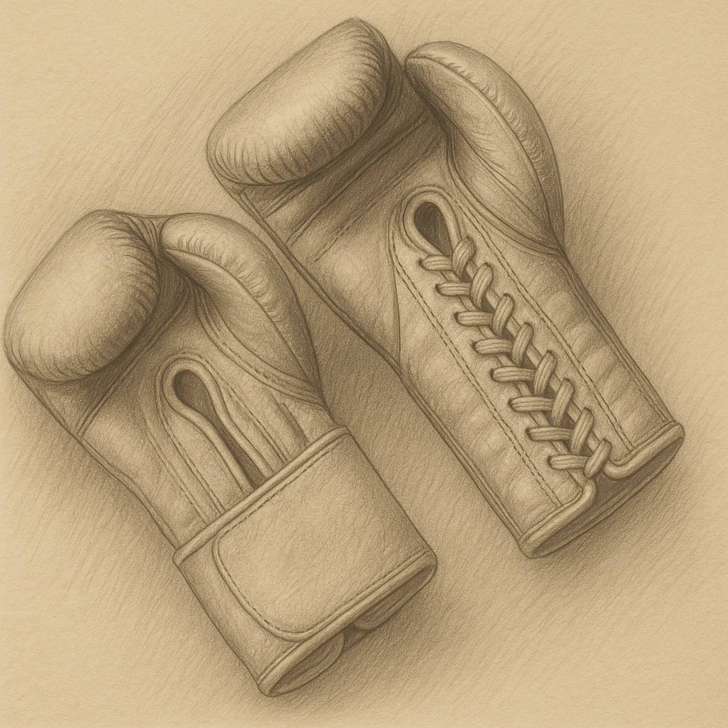 Pencil drawn sketch of a velcro and a lace up boxing glove side by side.