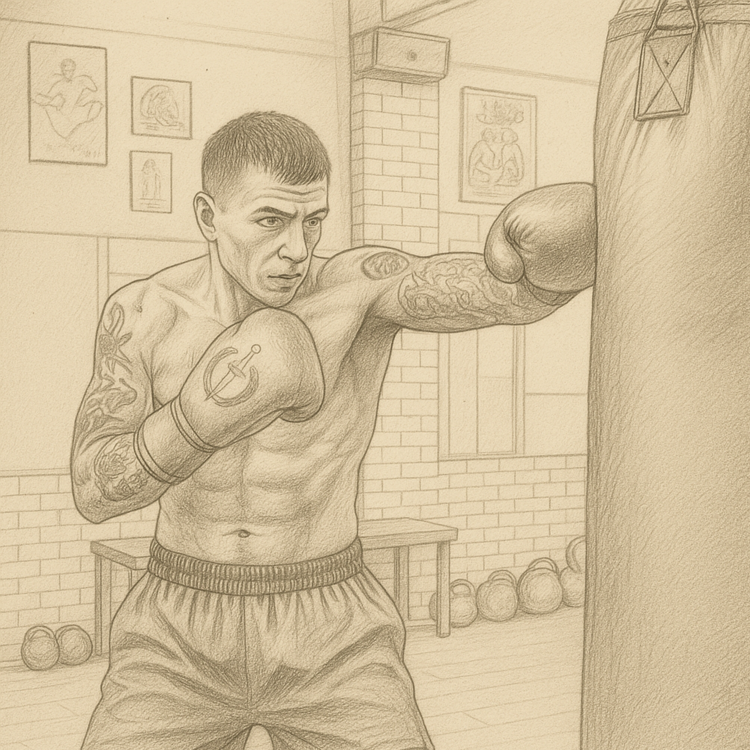 Pencil drawn sketch of a man hitting a boxing bag.