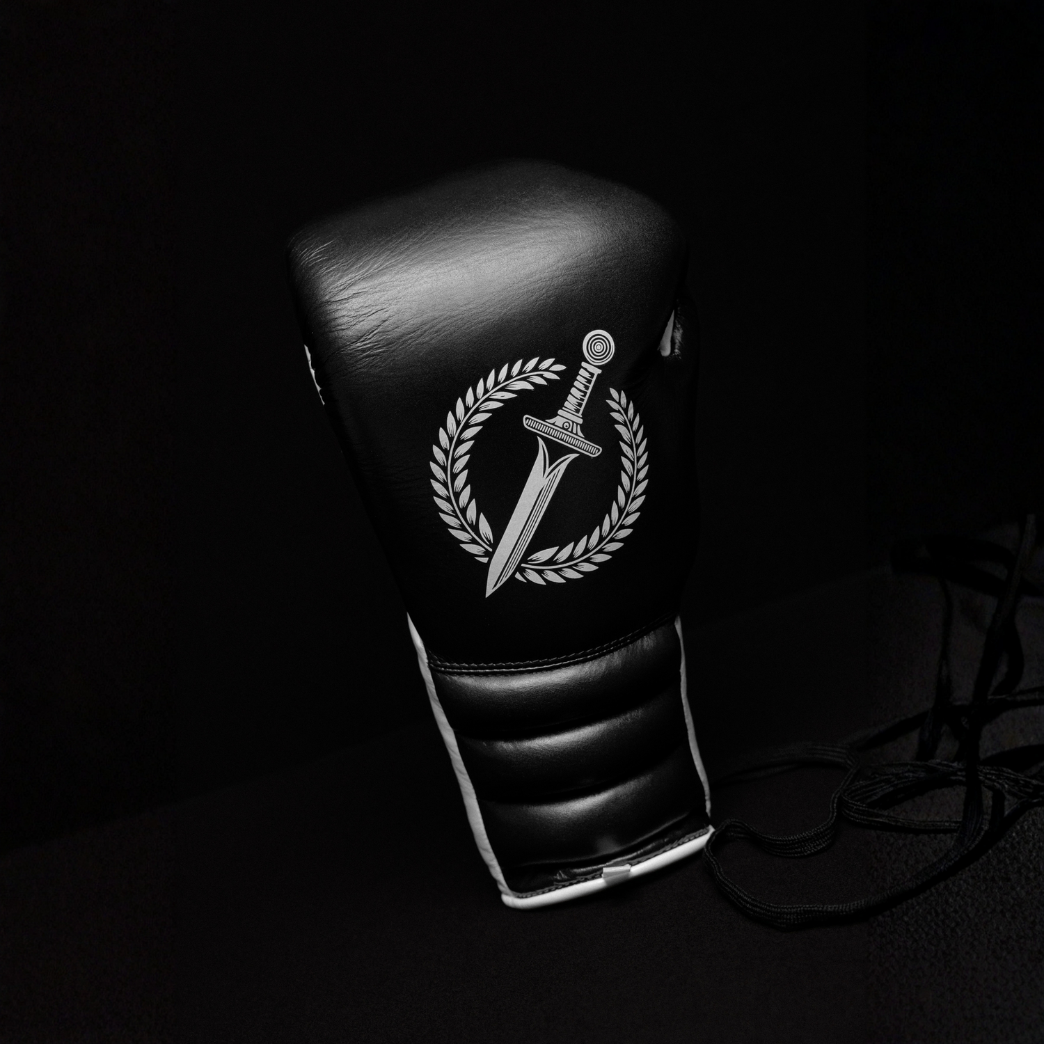 Black and white boxing glove on a black background.