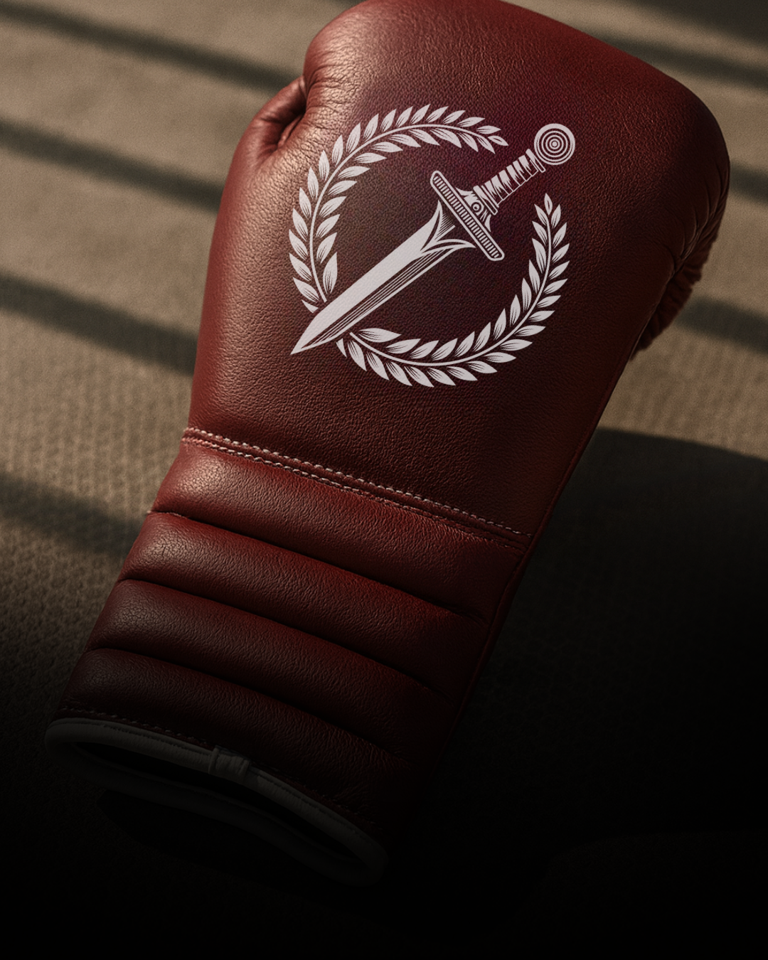Maroon boxing glove with a white emblem on a dark background.