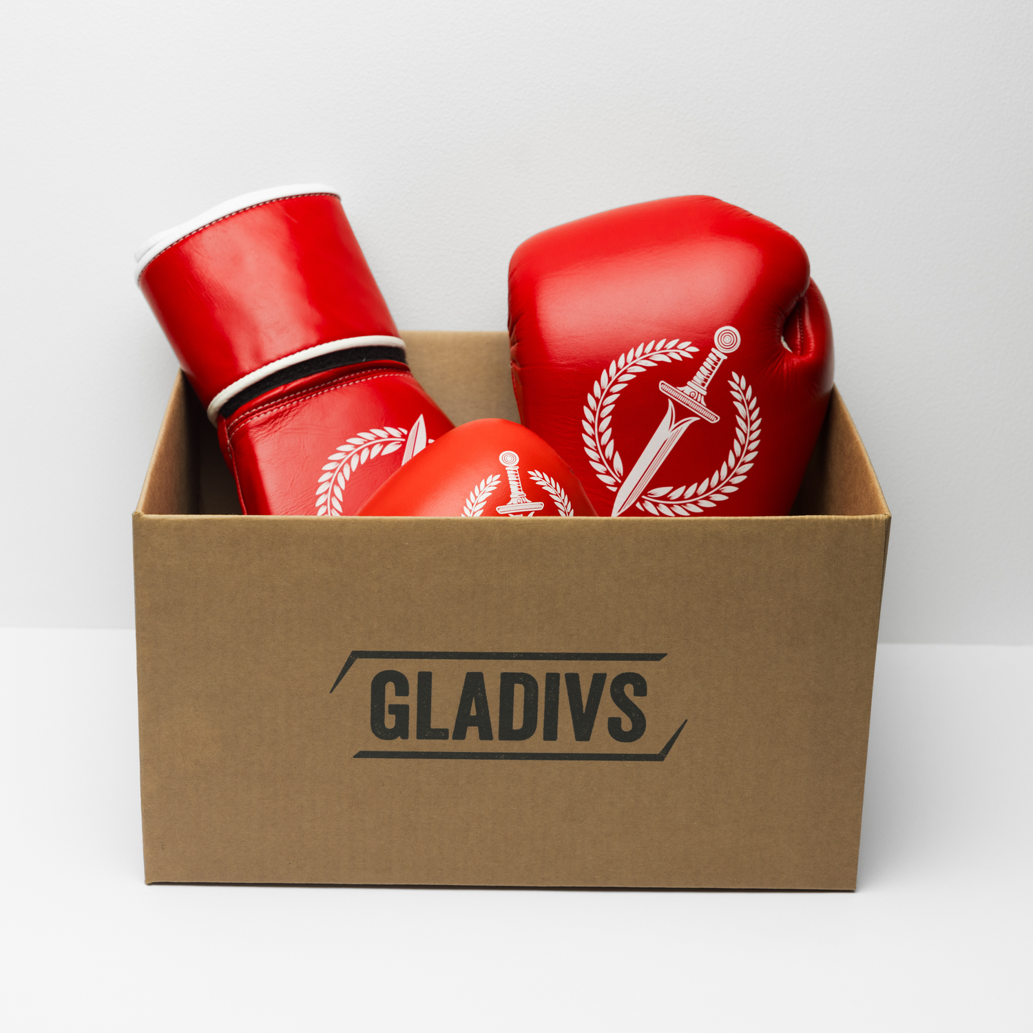 Red boxing gloves with a logo in a cardboard box branded 'GLADIUS' on a white background