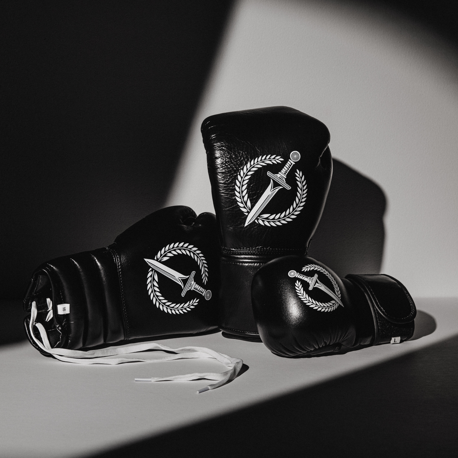 Black boxing gloves with a white emblem on a gray background.