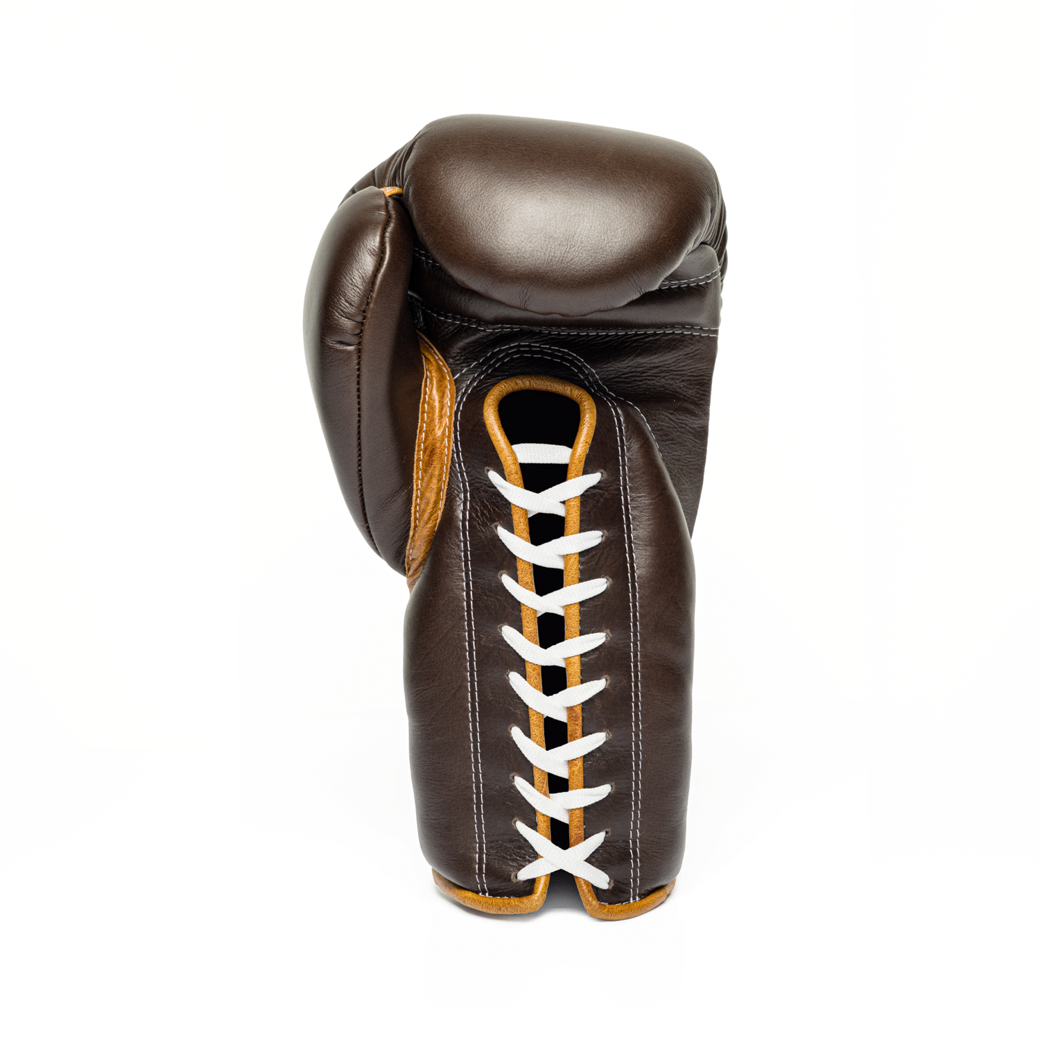 Brown boxing glove with white laces on a white background.