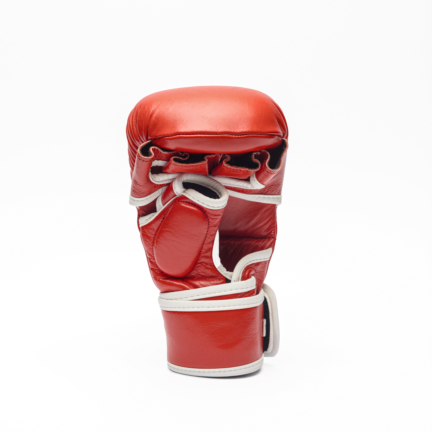 Red MMA glove with white accents on a white background.