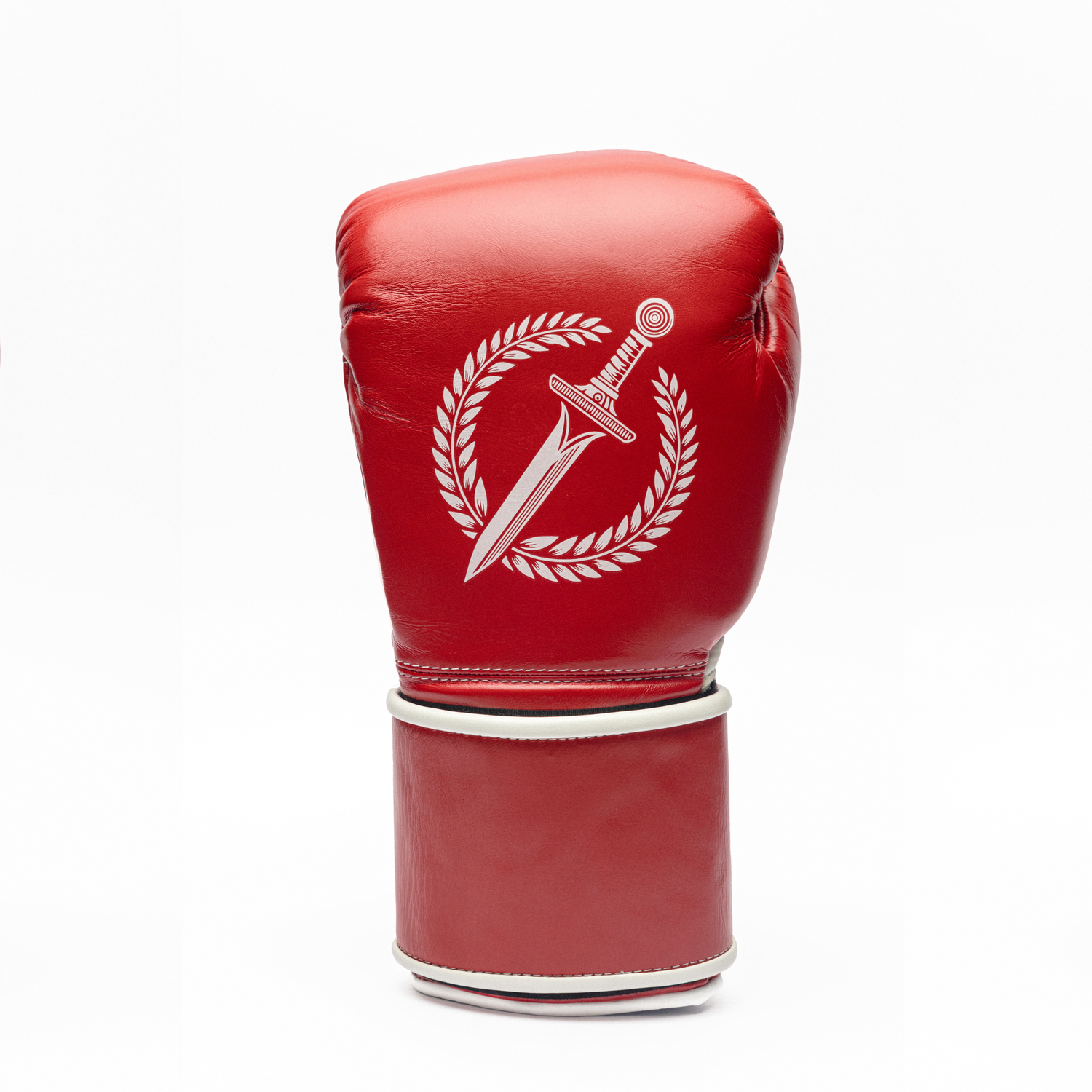 Red boxing glove with a white emblem on a white background.