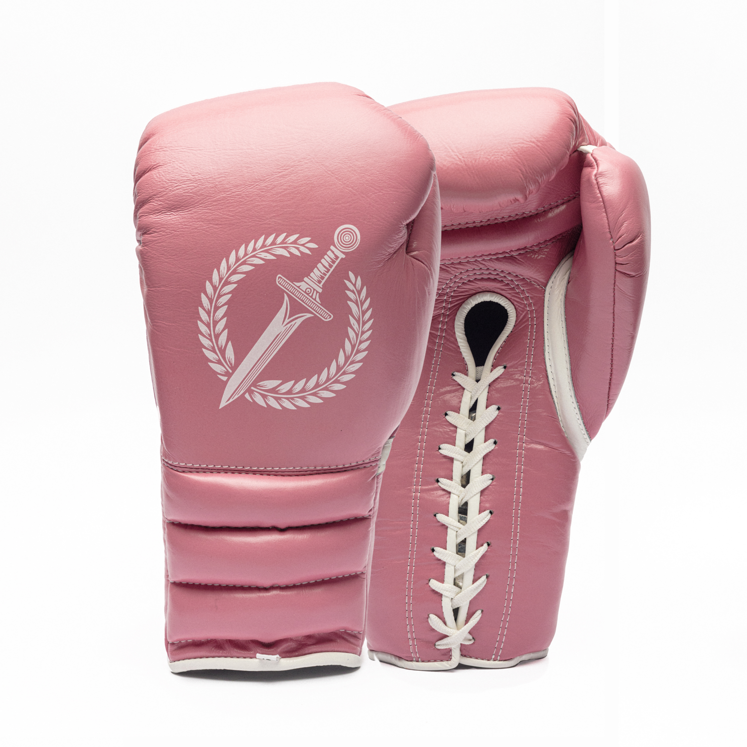 Pink boxing gloves with a logo on a white background.