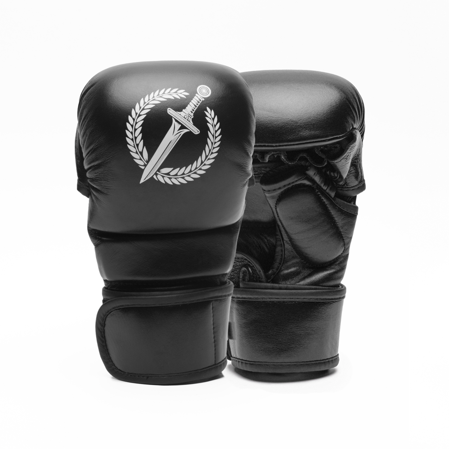 Black MMA gloves with a logo on a white background.