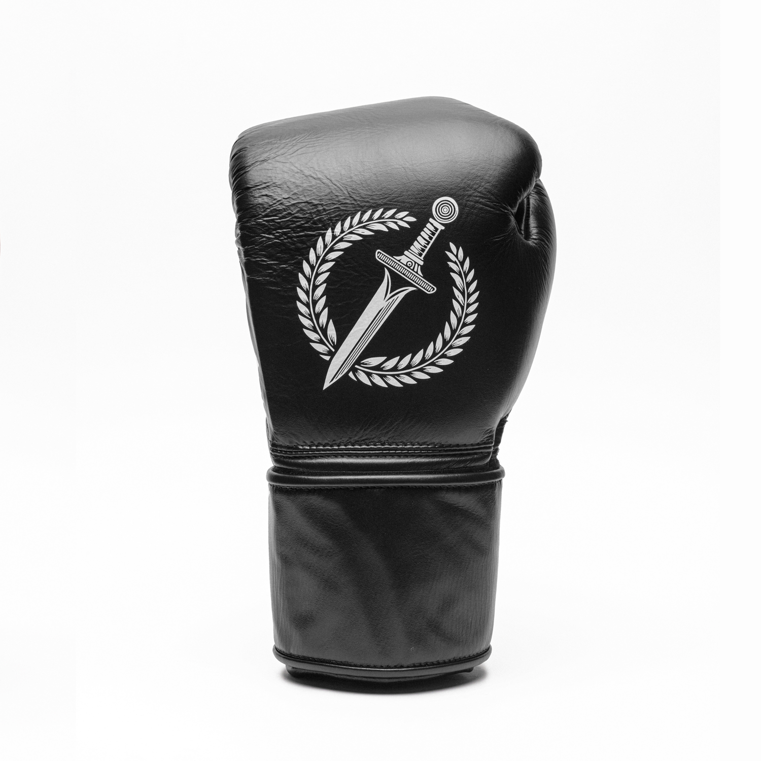 Black boxing glove with a logo on a white background.