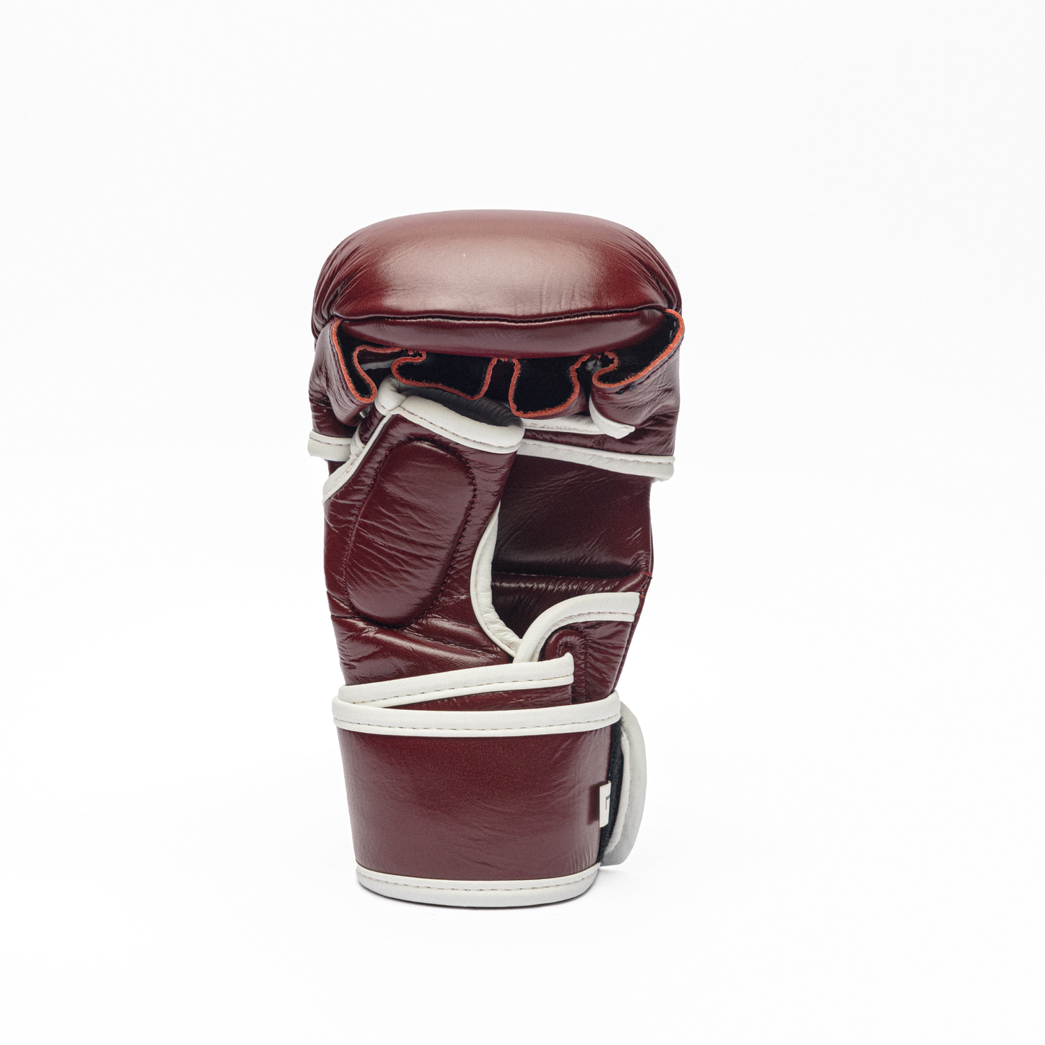 Maroon MMA glove with white accents on a white background.