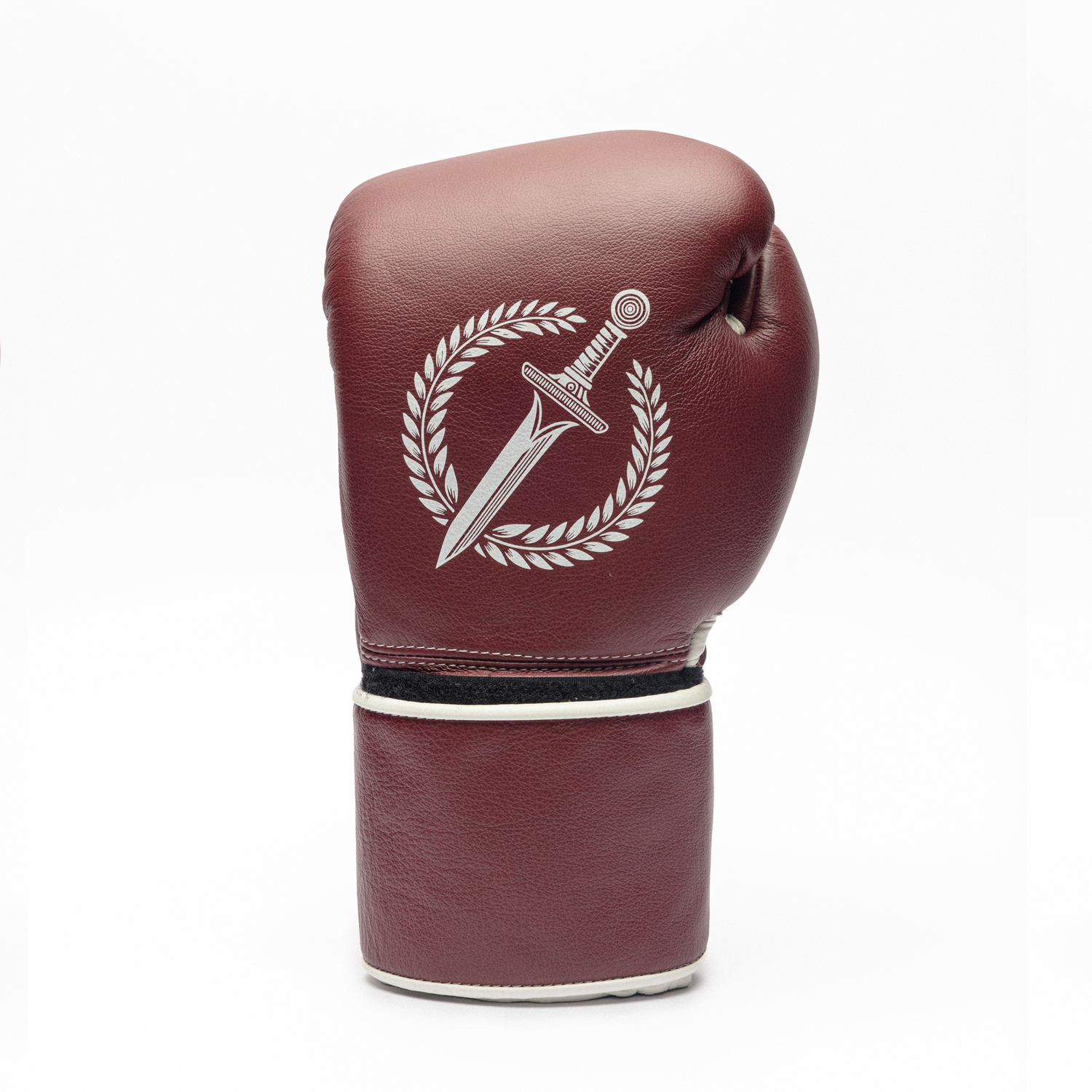 Maroon boxing glove with a logo on a white background.