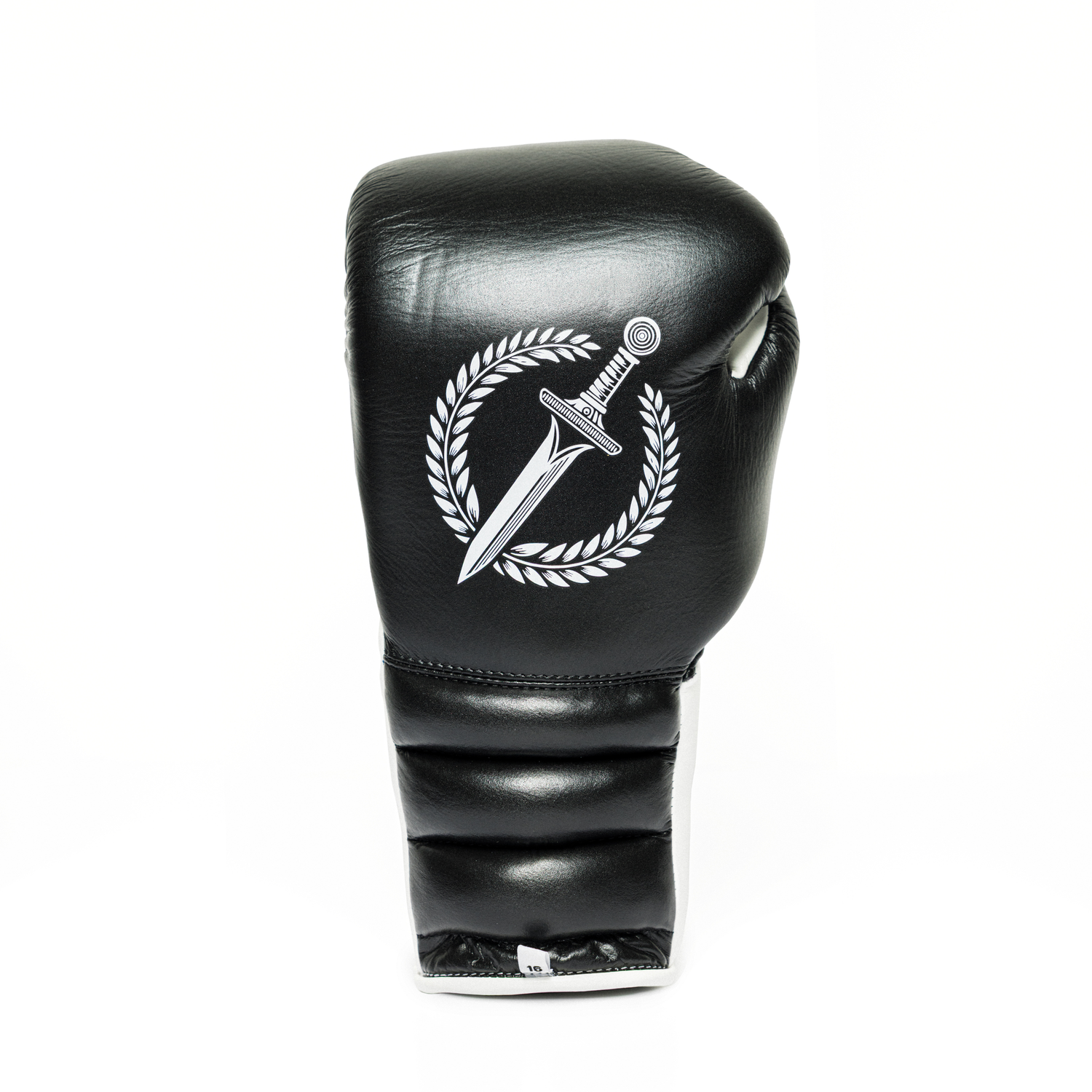 Black and white boxing glove with a white logo on a white background.