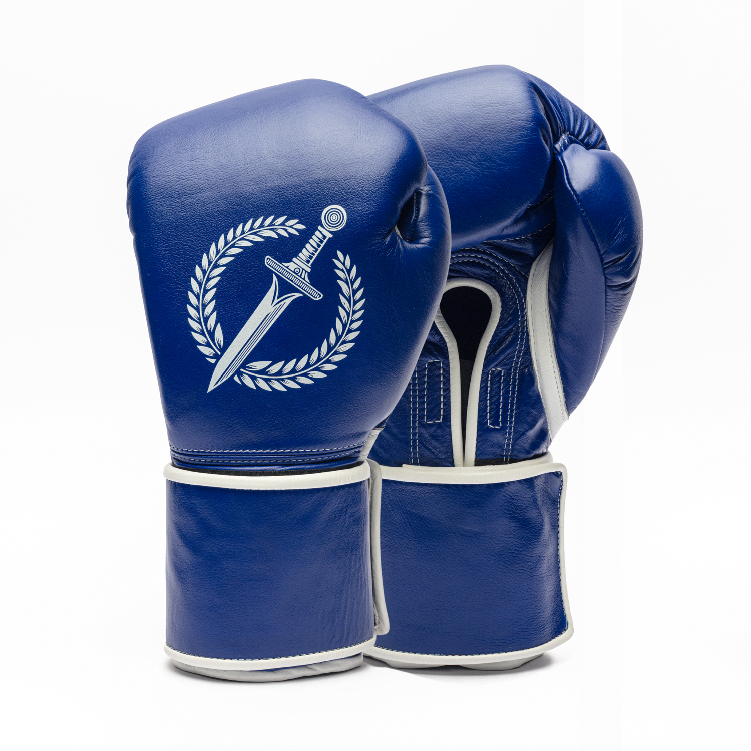 Pair of blue boxing gloves with a logo on a white background.