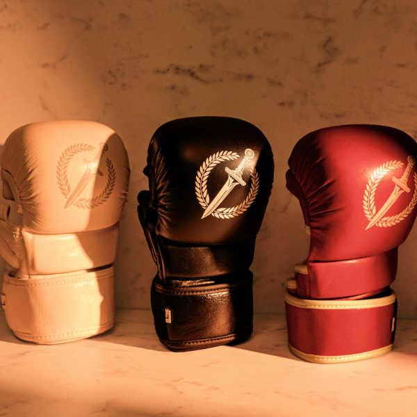 Three MMA gloves in white, black, and red with a logo on a textured surface.