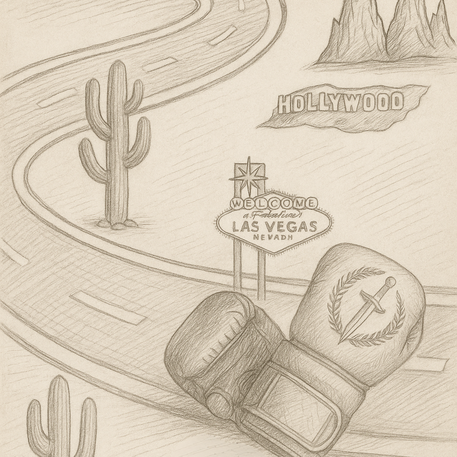 Pencil drawn sketch of a road with MMA gloves on top of it.