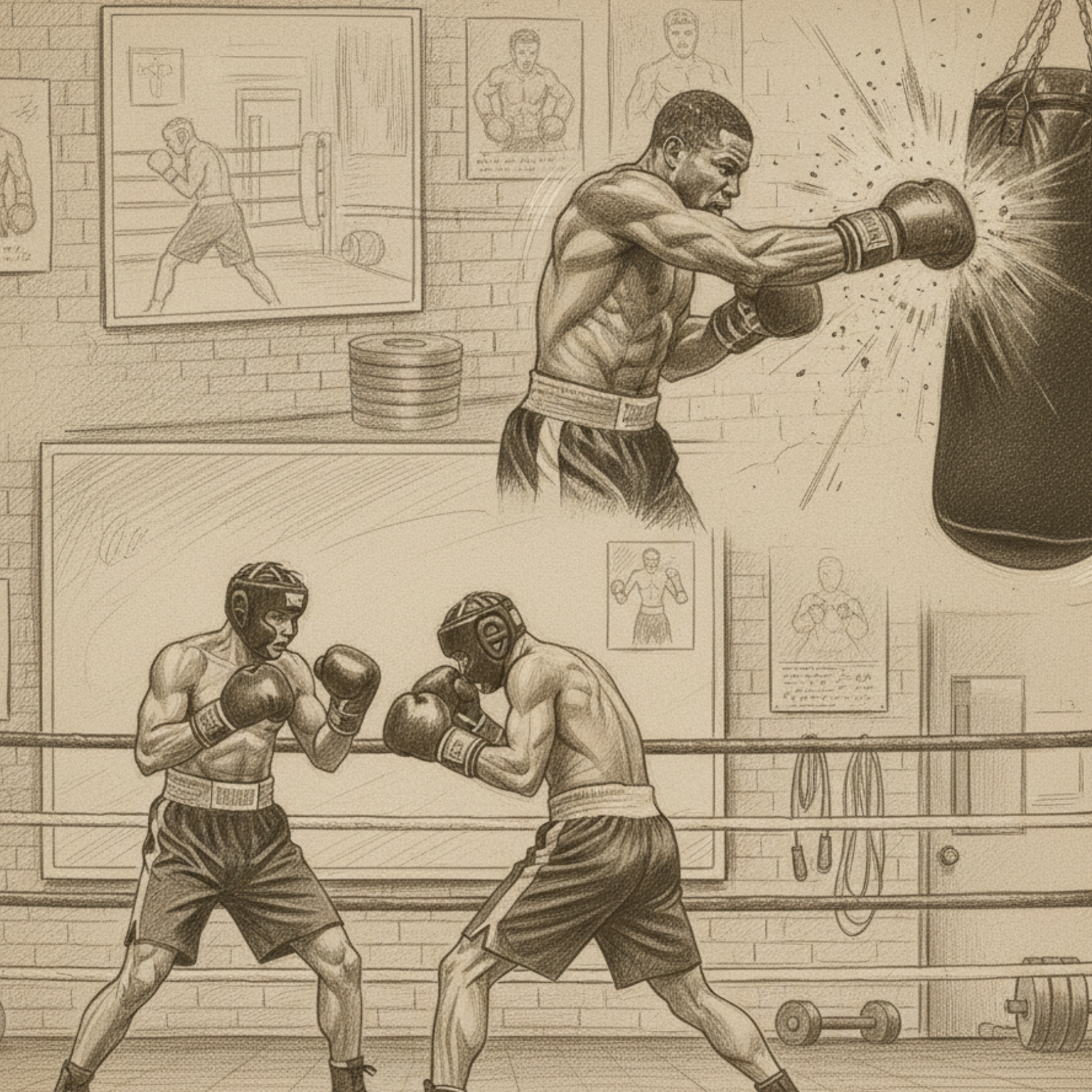 Pencil drawn sketch of a fighter hitting the heavy bag and two fighters sparring below.