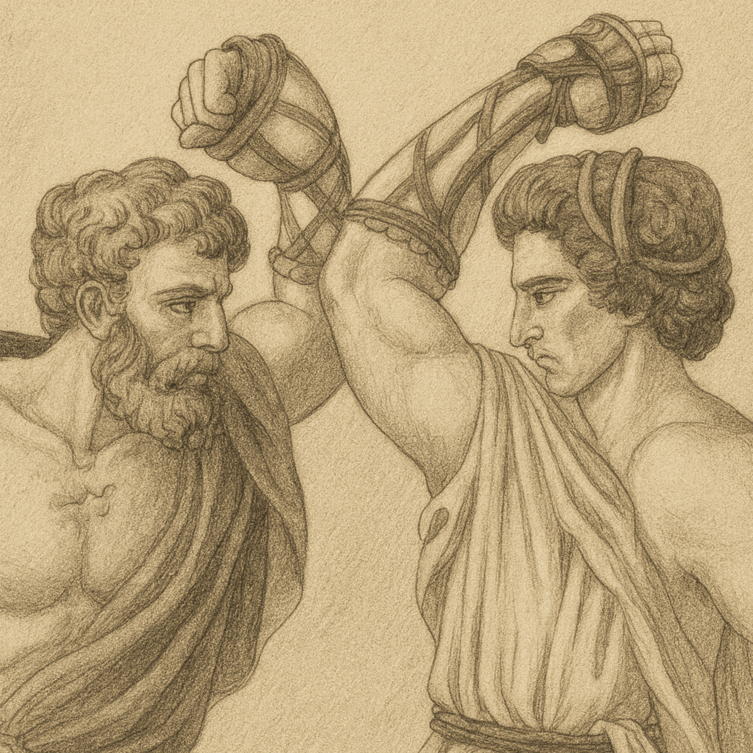 Pencil drawn sketch of two men from ancient times fighting.