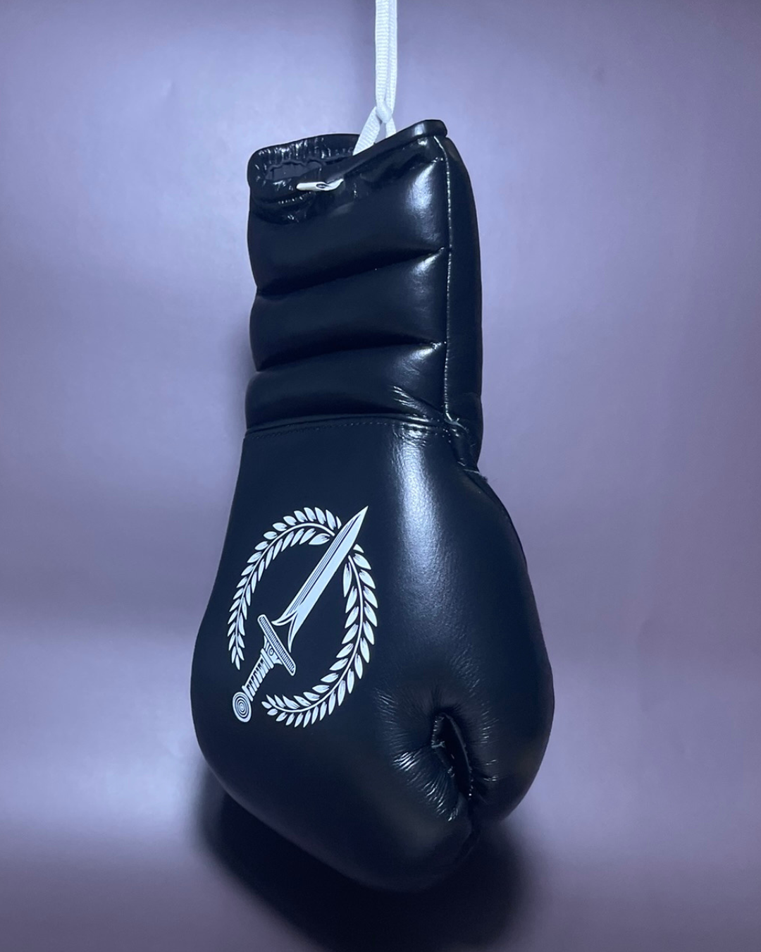Black boxing glove with a white emblem on a purple background.