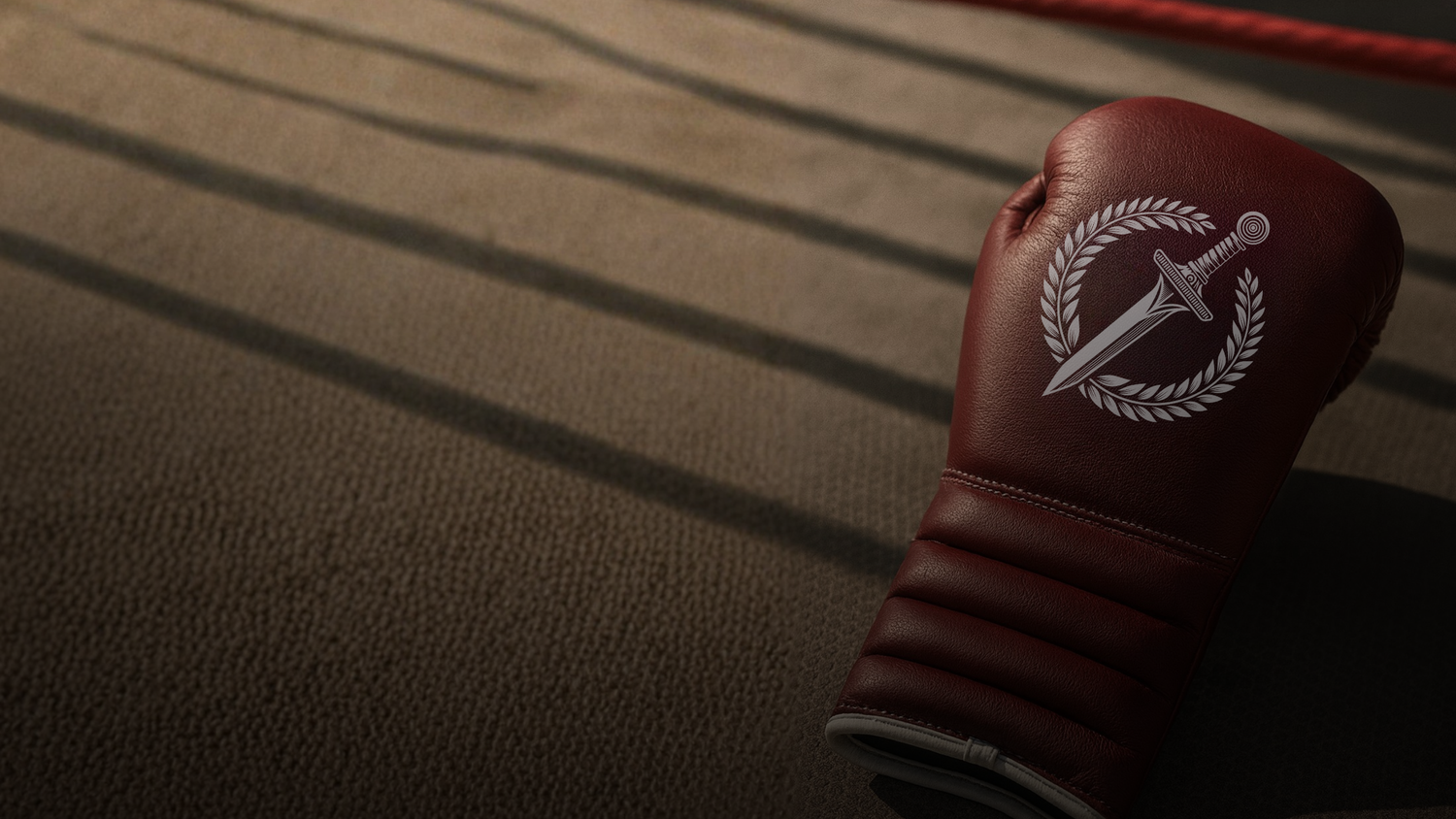 Brown boxing glove with a logo on a brown background.