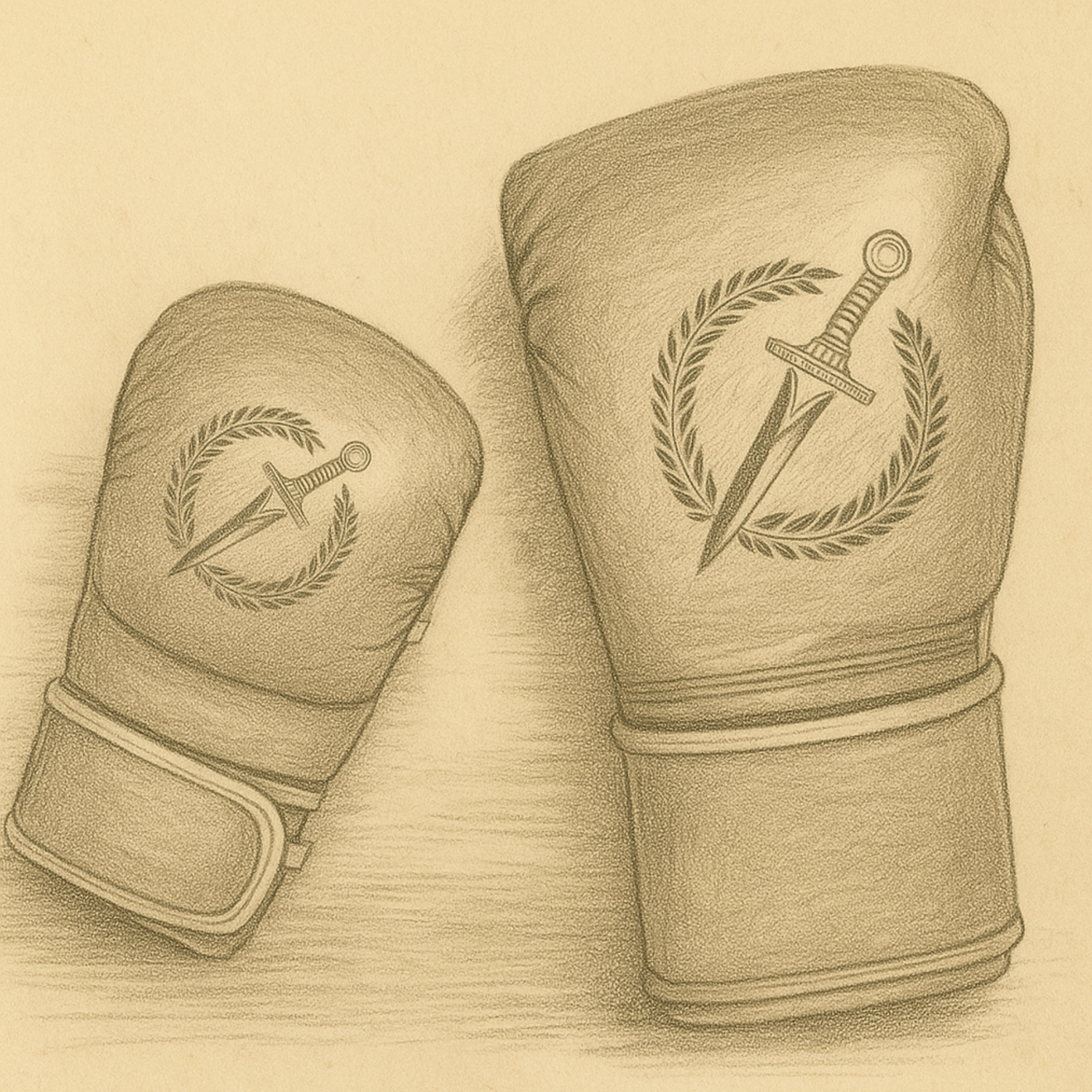 Pair of boxing gloves with a logo on a beige background.