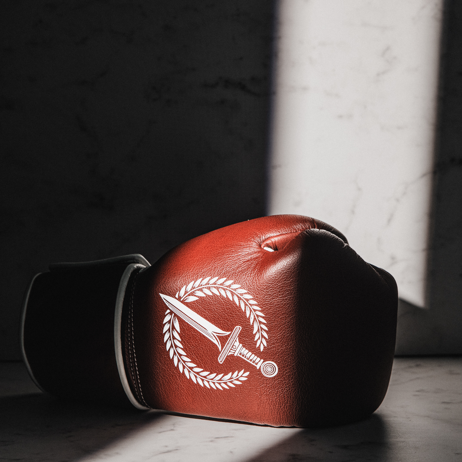 Maroon boxing glove with a logo on a dark surface