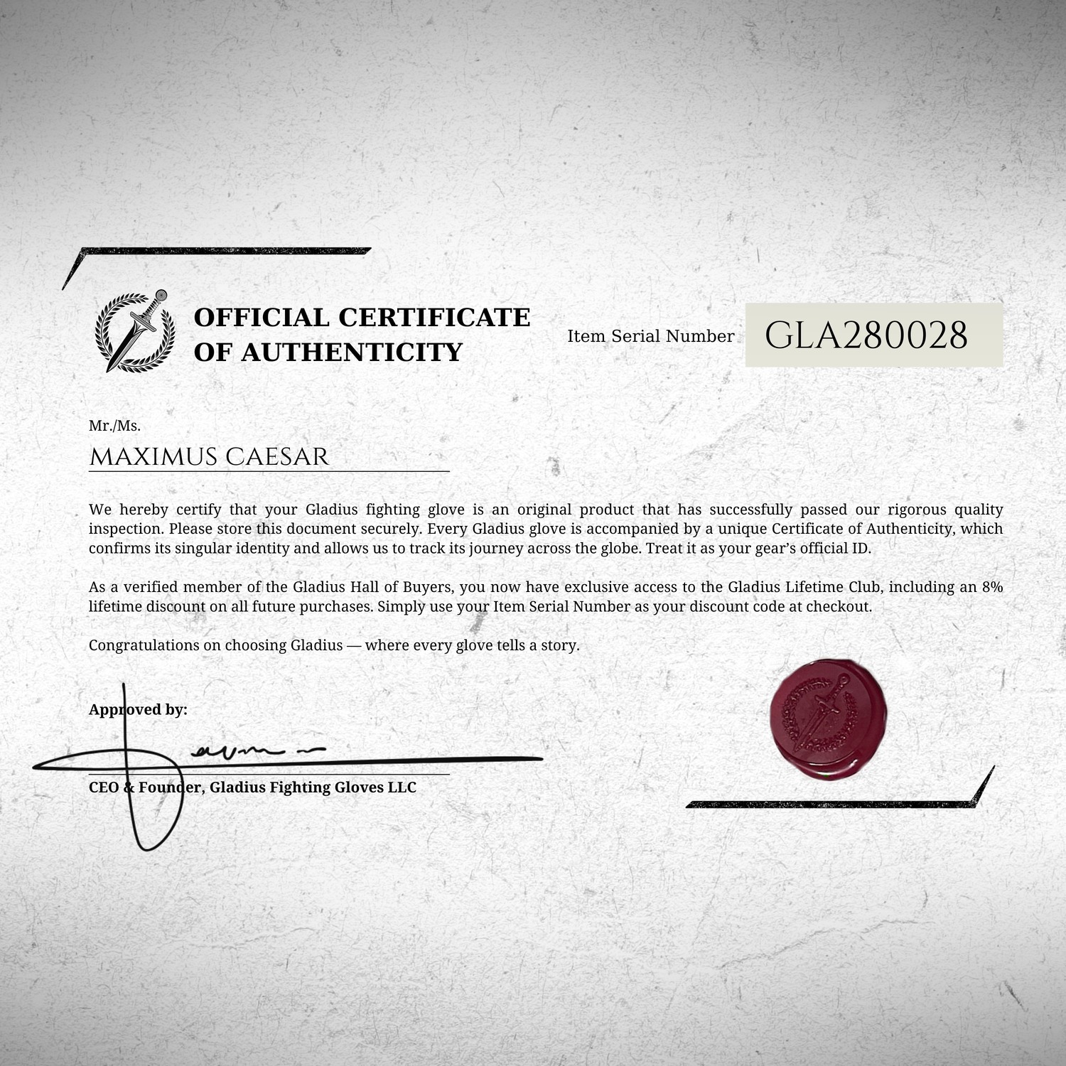 Official Certificate of Authenticity for Gladius Fighting Gloves with a serial number on a textured gray background.