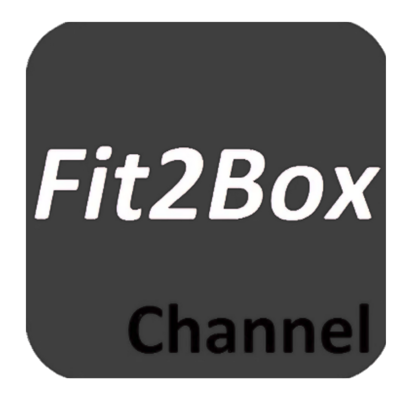 Black square with 'Fit2Box Channel' text in white and black.