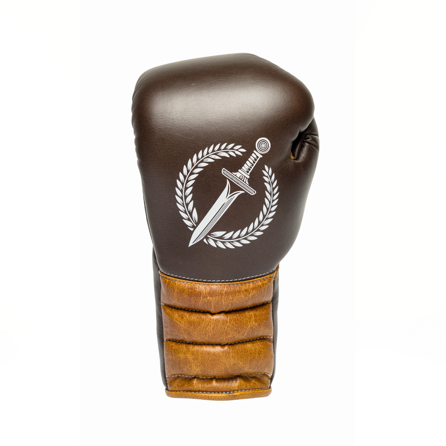 Brown boxing glove with a logo on a white background.