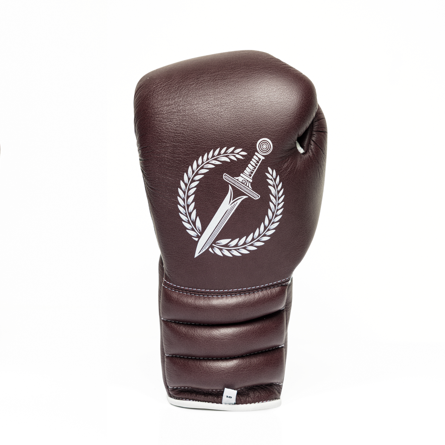 Brown boxing glove with a white logo on a white background.