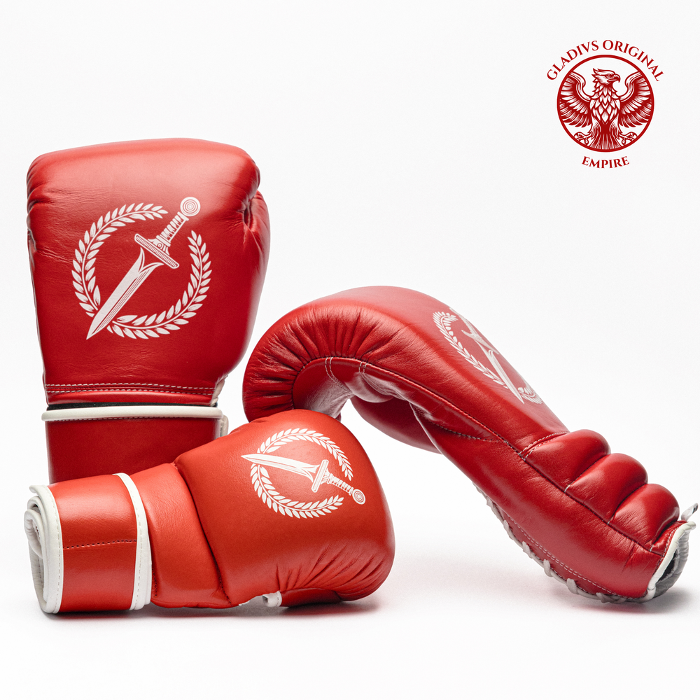 Three red boxing and MMA gloves from Gladius Empire model.