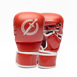 Red MMA gloves with a white logo on a white background.