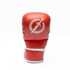 Red MMA glove with a white logo on a white background.