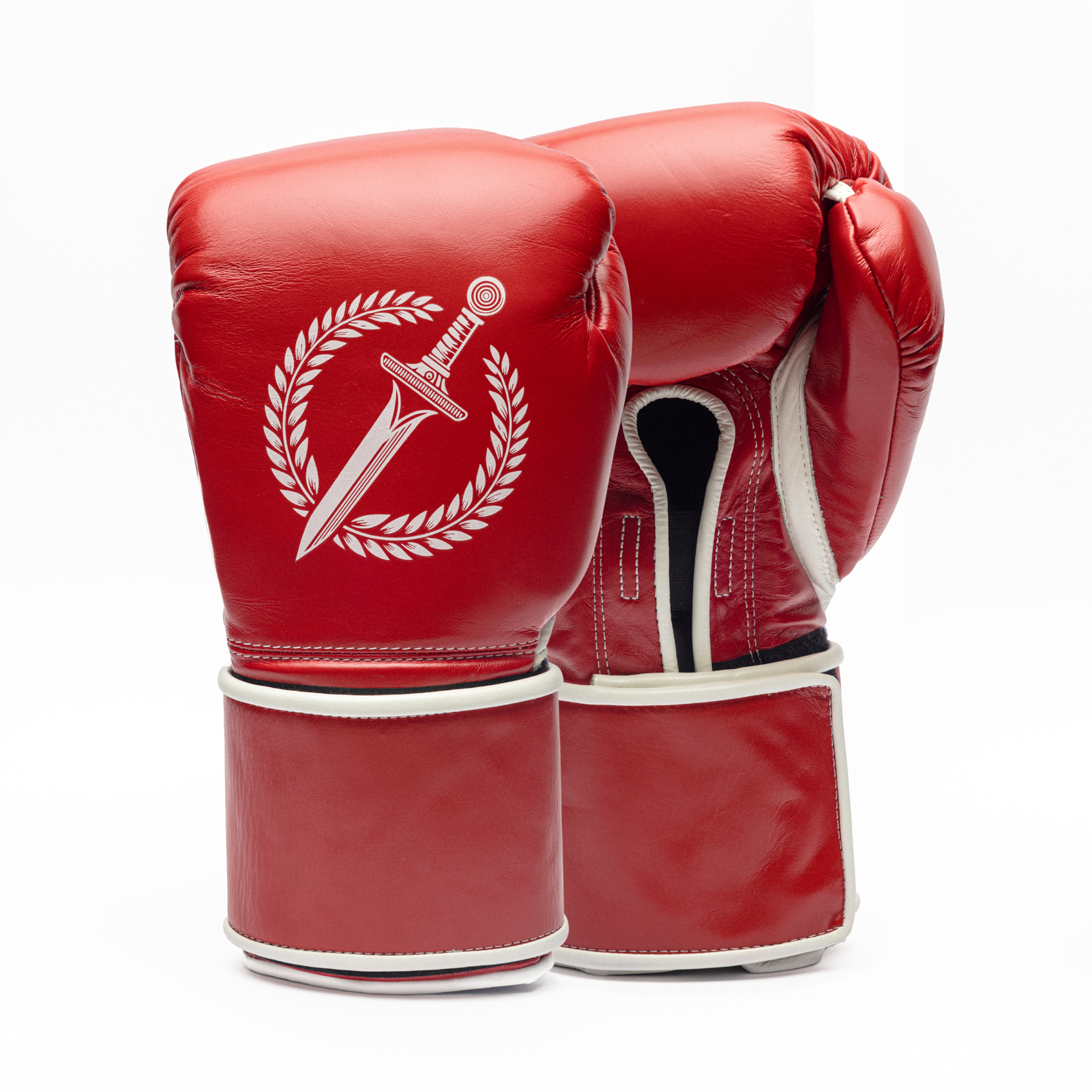 Red boxing gloves with a white logo on a white background.