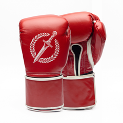 Red boxing gloves with a white logo on a white background.