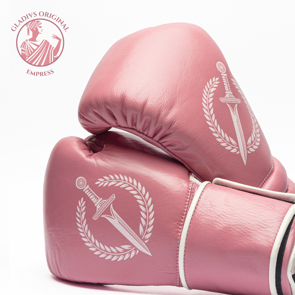 Pink boxing gloves with a logo on a white background, featuring the brand 'Gladius Empress'.