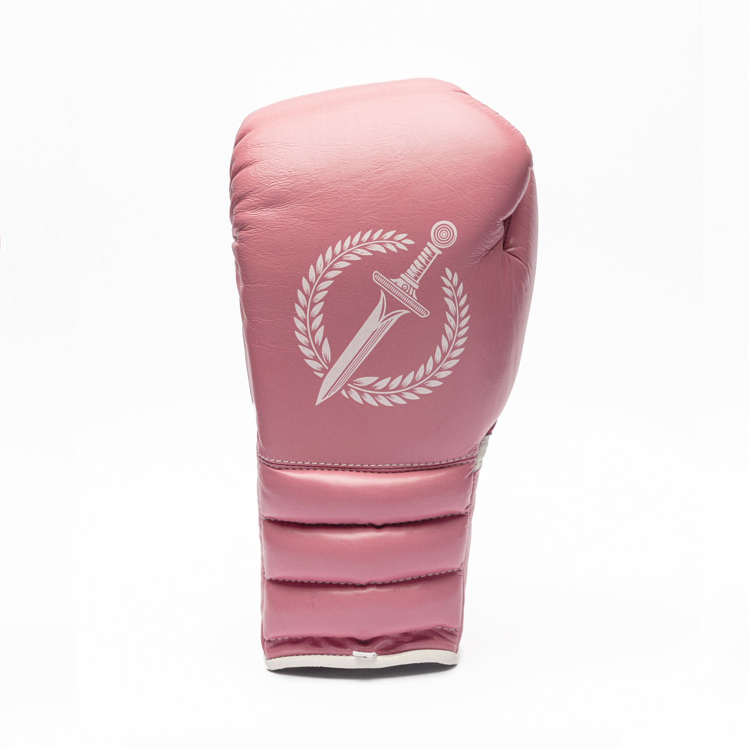 Pink boxing glove with a logo on a white background.