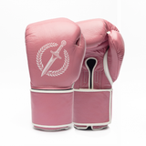 Pink boxing gloves with a logo on a white background.