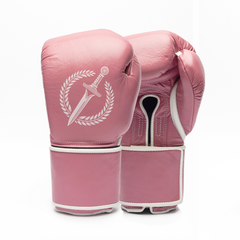 Pink boxing gloves with a logo on a white background.