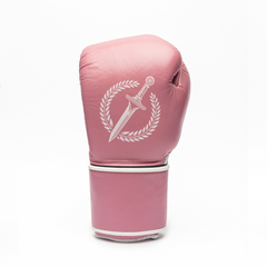 Pink boxing glove with a logo on a white background.