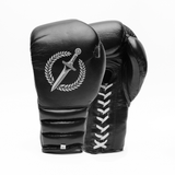 Black boxing gloves with a logo on a white background.